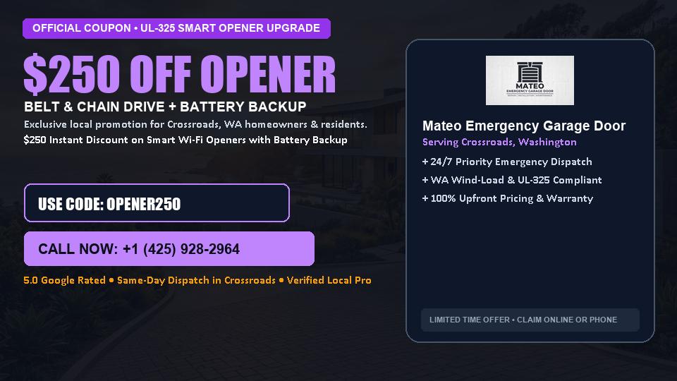 Mateo Emergency Garage Door $250 OFF Premium LiftMaster Opener Installation in Crossroads, WA